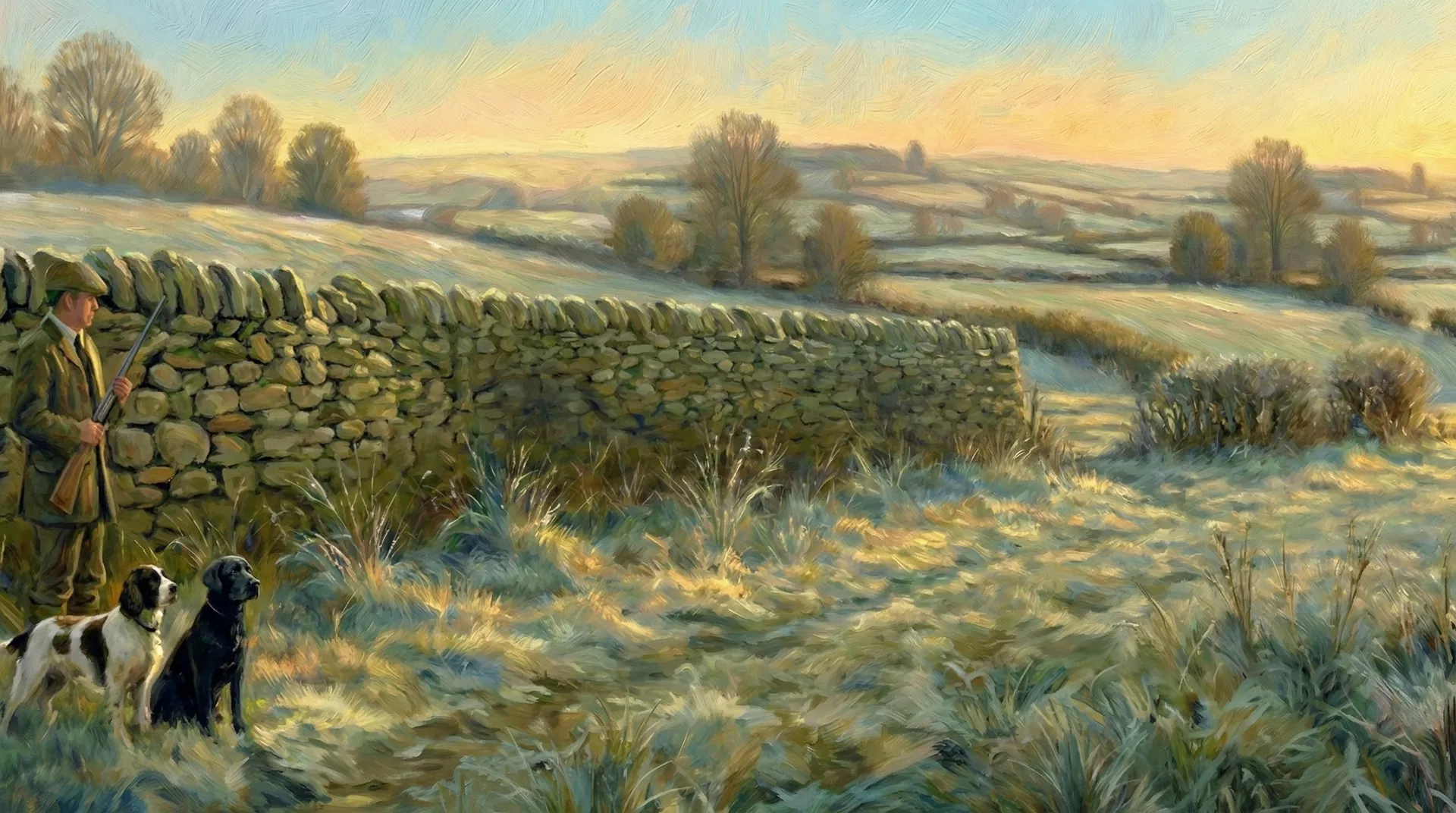 British countryside with gundogs and stone wall